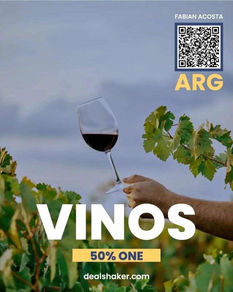 輸入転売 越境EC 「vinos 50 % one」と書かれたワイングラスを持ち、DSCP 50% のアルゼンチン ワインのボトルを見せている人。