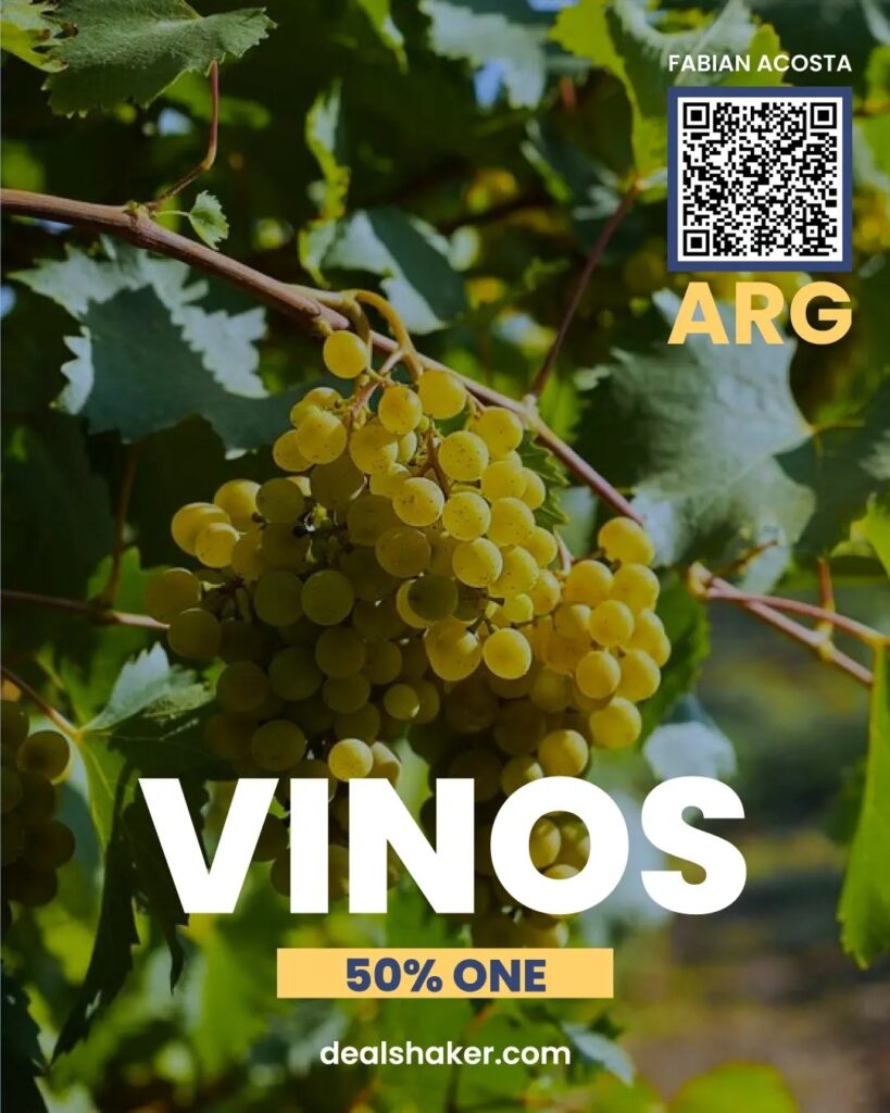 輸入転売 越境EC アルゼンチン ワインをフィーチャーした、vinos の文字と QR コードが記載されたバナー。