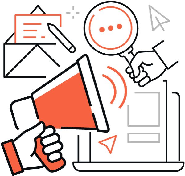 Import resale Cross-border EC Graphic illustration of digital marketing tools, such as megaphone, search icon, mobile, documents, etc., represented in orange and black color scheme.