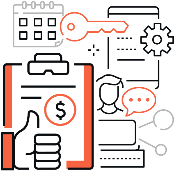 Import resale Cross-border EC graphics illustrate business planning and management concepts with calendars, keys, clipboards, gears, currency symbols, speech bubbles, and thumbs-up icons.