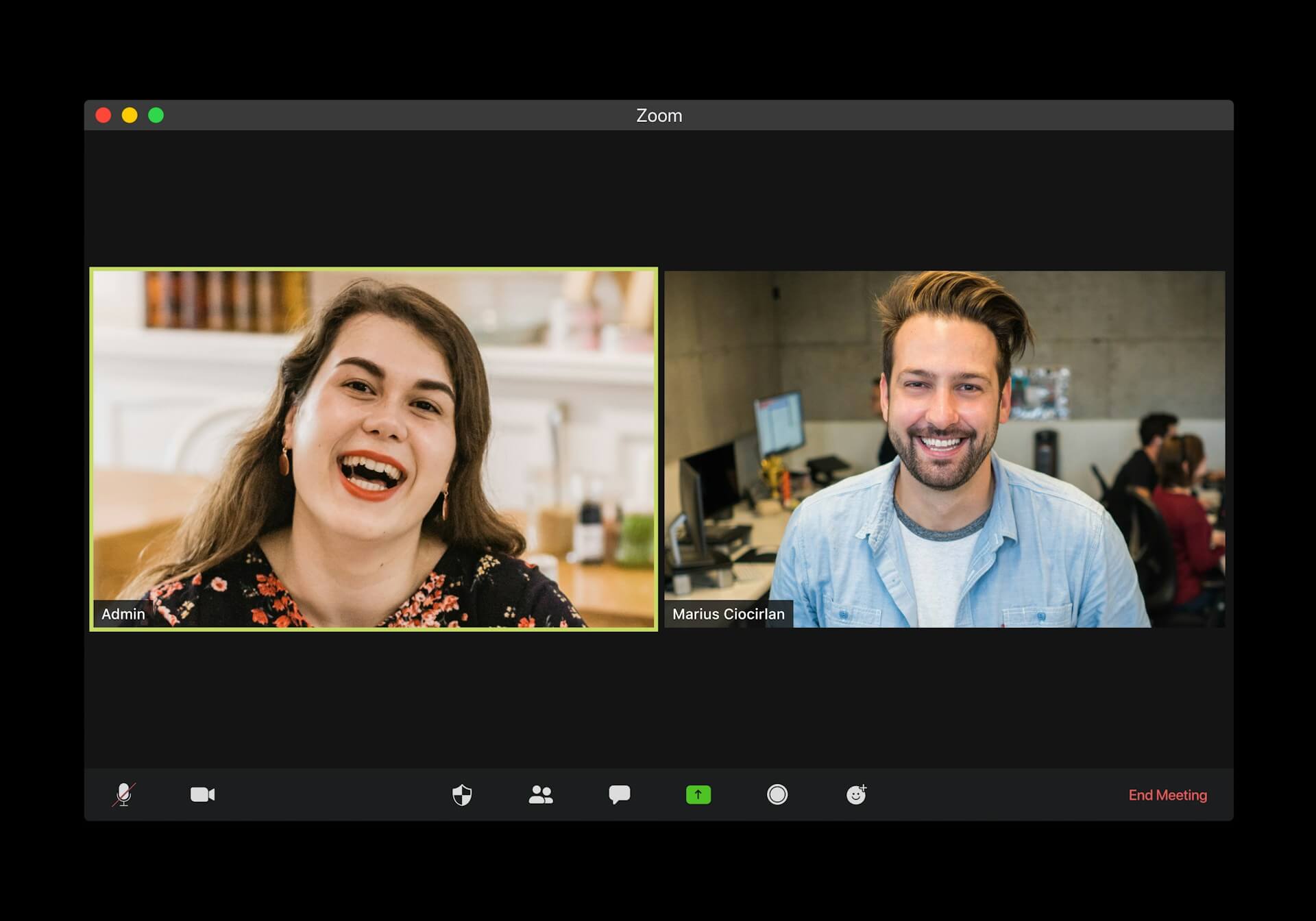 Import resale Cross-border EC Two people smiling during a video call. The woman on the left and the man on the right are shown separately in the Zoom meeting interface.